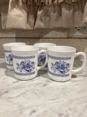 White and Blue Floral Ceramic Mugs - Set of 4